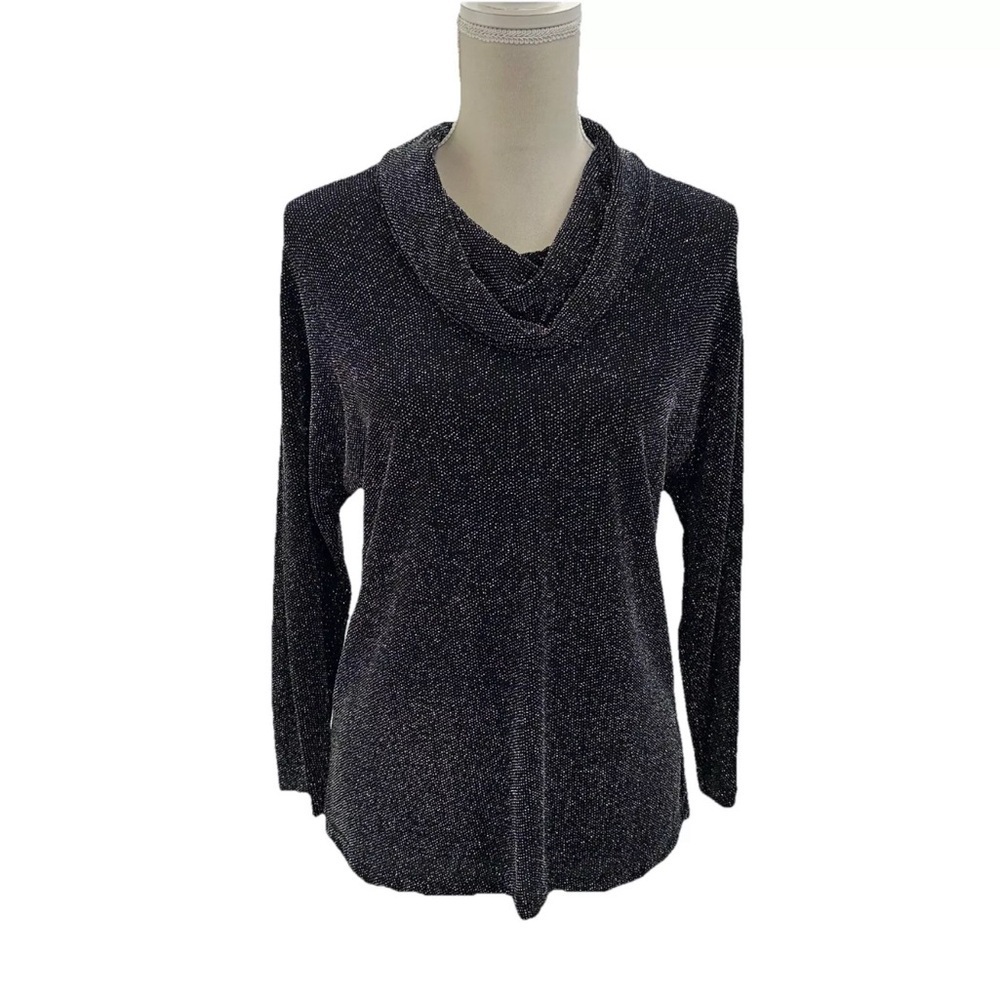 NWOT Notations Black Silver Blouse Women’s Medium Cowl Neck Kimono Metallic